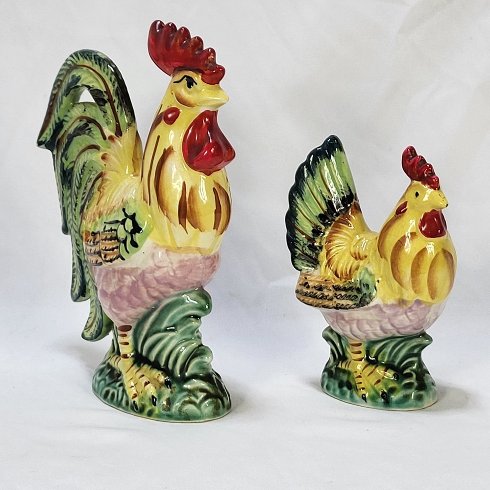 Vintage Rooster and Hen Figurines Hand Painted Set of 2 Ucagco Ceramics Japan